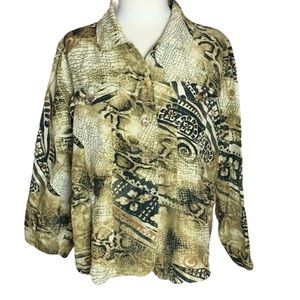 iOS Patterned Silk & Linen Button-Down Blouse – Size 1X